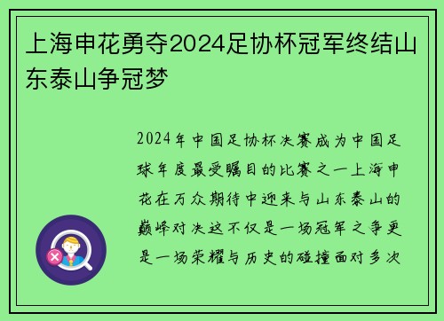 上海申花勇夺2024足协杯冠军终结山东泰山争冠梦 上海申花勇夺2024足协杯冠军终结山东泰山争冠梦